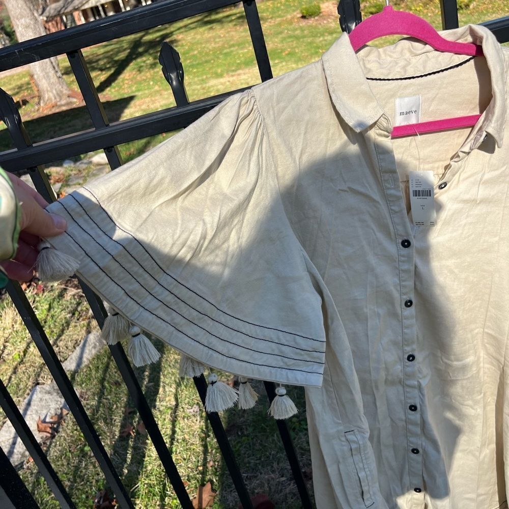 Anthropologie Maeve Collared Linen Button-Front Tassel Mini Dress NWT - Picture 5 of 9